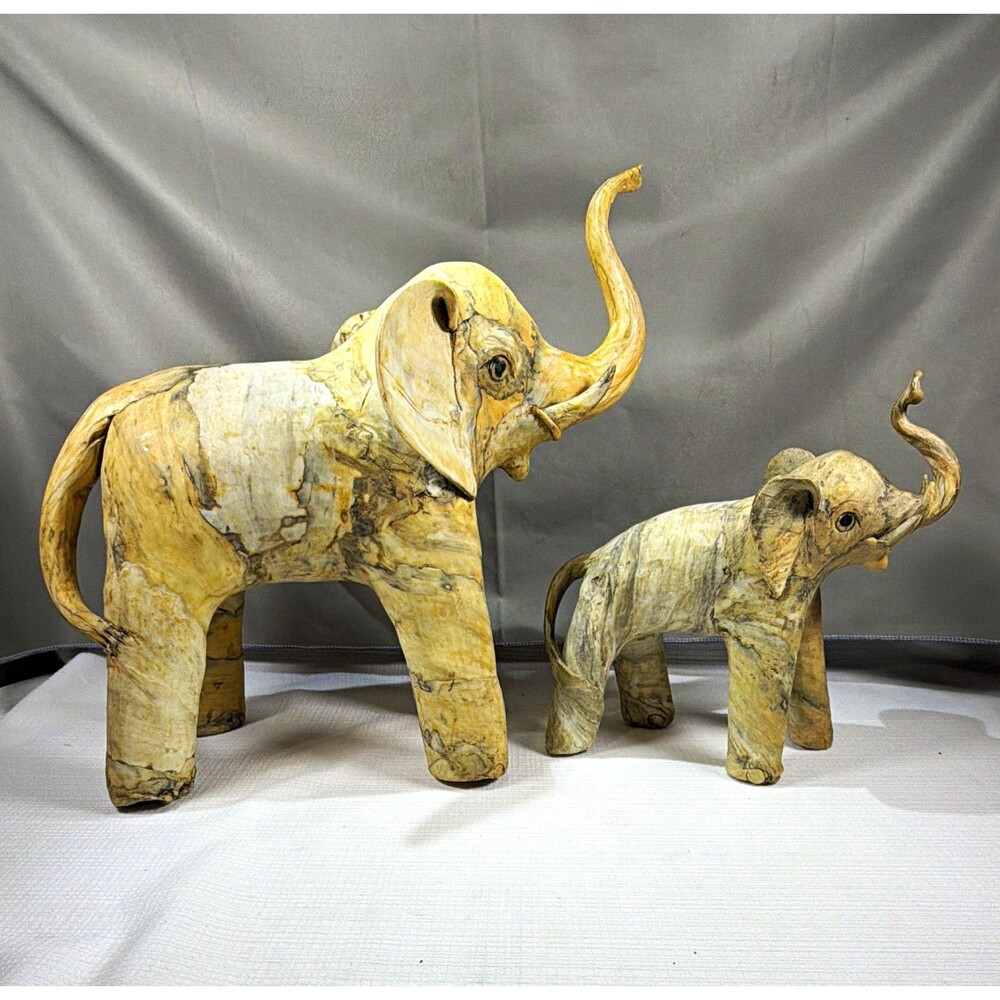 Vintage Crushed Oyster Shell Elephant Mother Baby Statue Set Philippine Folk Art